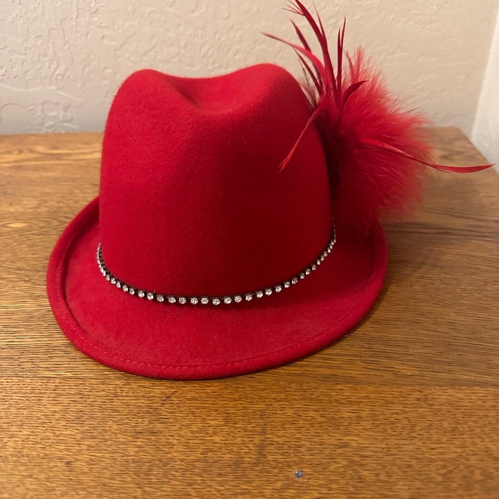 Vintage Red Fedora Hat with Feather and Rhinestone Band